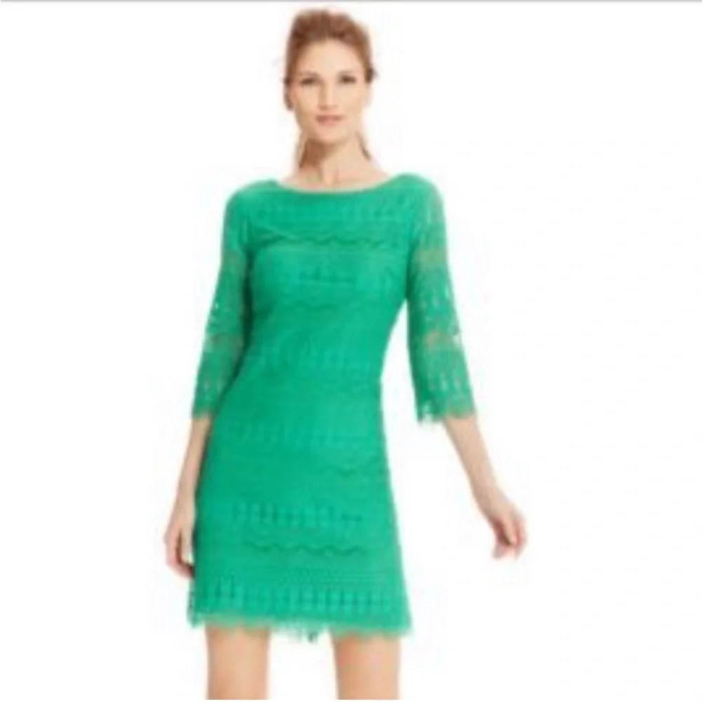 green lace overlay shift dress 3/4 sleeves 6P - Picture 2 of 5